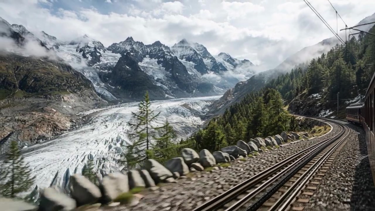 Treno passeggeri che curva sui doppi binari, seguendo un percorso di montagna e rivelando una valle glaciale.
