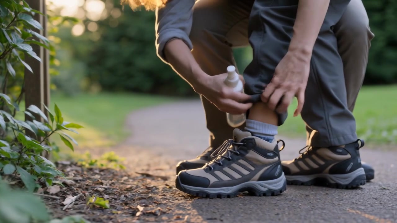 Un adulto che rilascia polvere a mano, applica spray alla scarpa di un bambino e aggiusta calzini bianchi su un sentiero del parco.