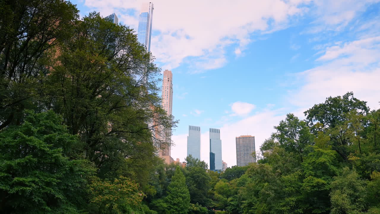 Nova York, EUA, 8 de julho de 2025: lago calmo no Central Park. Os visitantes podem encontrar paz perto do lago tranquilo no Central Park, rodeado pelo verde e pelo horizonte da cidade.