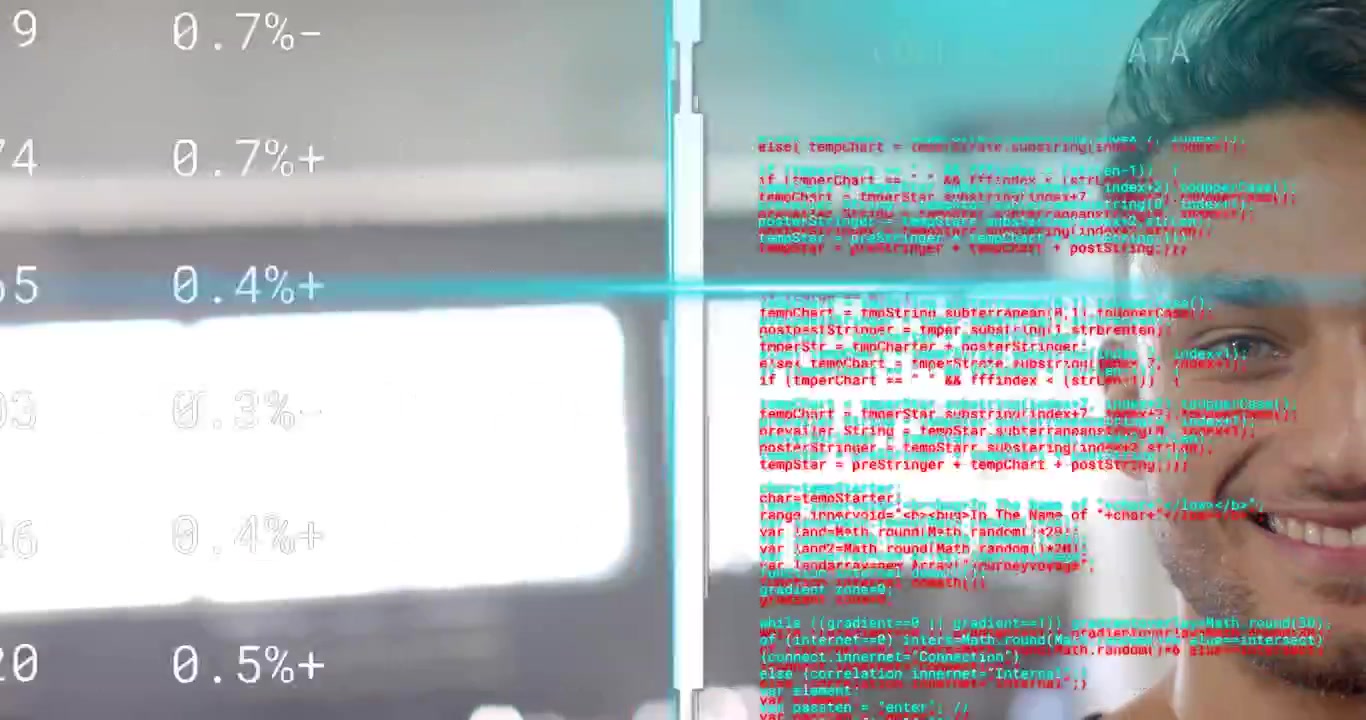 IT professional initiating flickering data panels glitching code streams collecting finance data