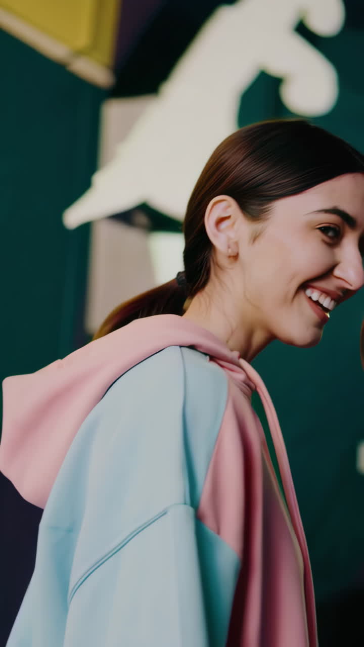 Happy Woman Wearing a Colorful Hoodie