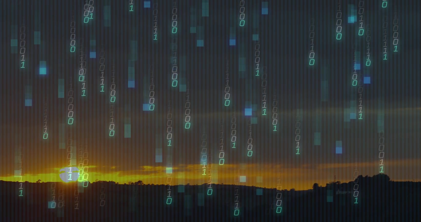 Cyan overlay appearing from top, symbols descending while sun sinking, merging sunset and data