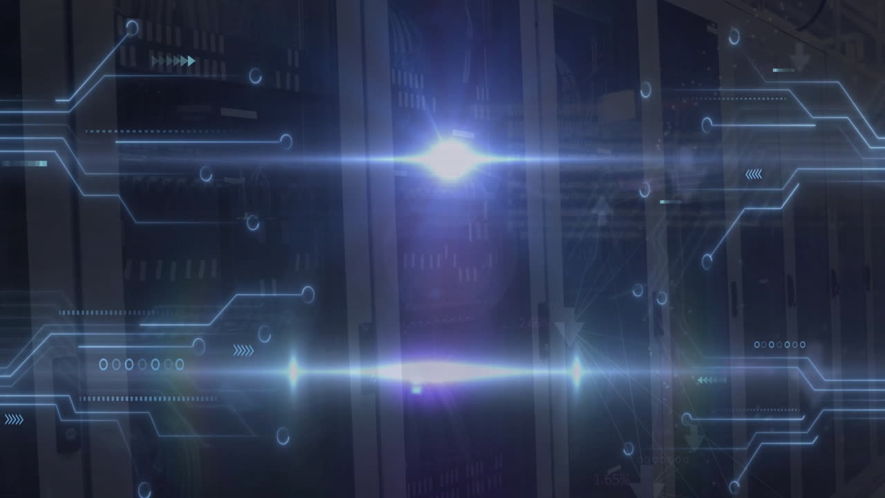 컴퓨터 서버를 통해 회로판으로 디지털 데이터 처리의 애니메이션