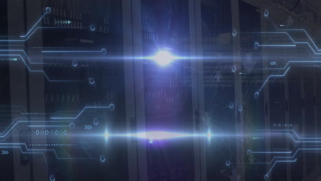 animación del procesamiento de datos digitales con placas de circuitos sobre servidores informáticos