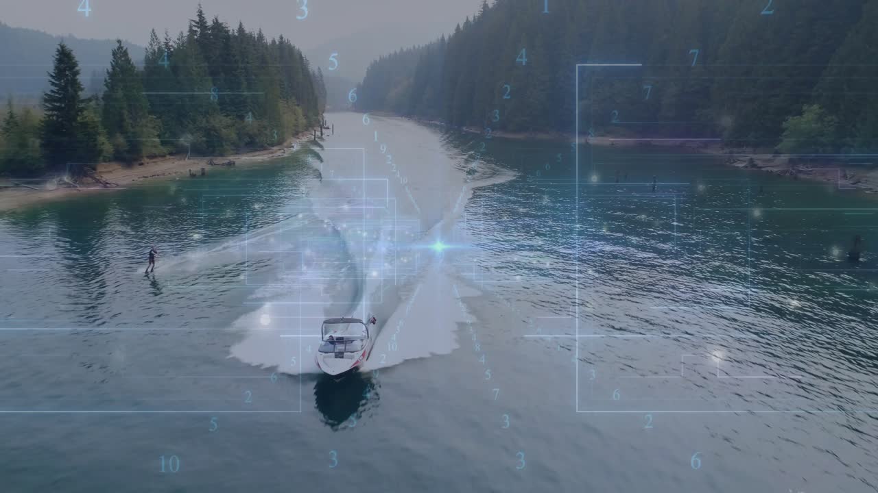 Boat driver pulling tow rope, skier carving wake and jumping, HUD overlay tracking sports data