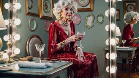 elegant senior woman with white hair and a red dress is sitting in her dressing room, savoring a glass of wine, with a vanity mirror and various decorative items in the background