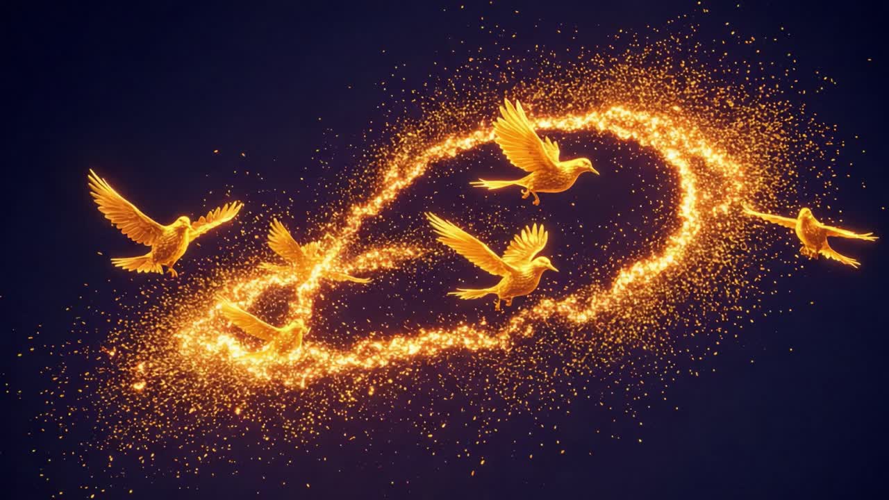 A Mesmerizing Dance of Golden Birds: Captivating Feathers and Sparkling Trails Create an Enchanting Visual Journey Through the Night Sky