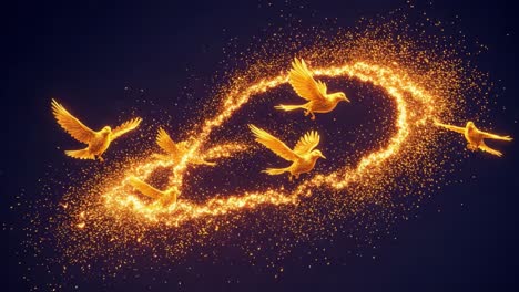a mesmerizing dance of golden birds: captivating feathers and sparkling trails create an enchanting visual journey through the night sky