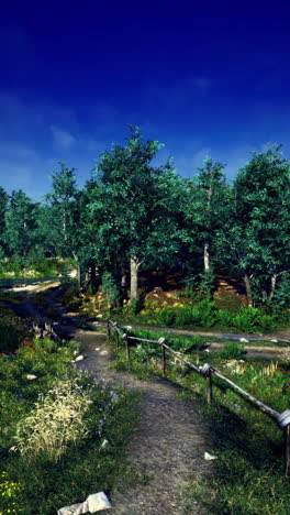 Lush green landscape with winding trails under a bright blue sky