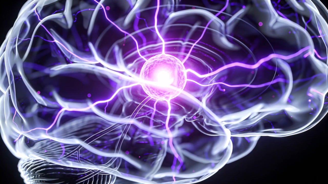 Brightening core driving 3D clear brain emitting filaments, sparks in dark void, showing activation