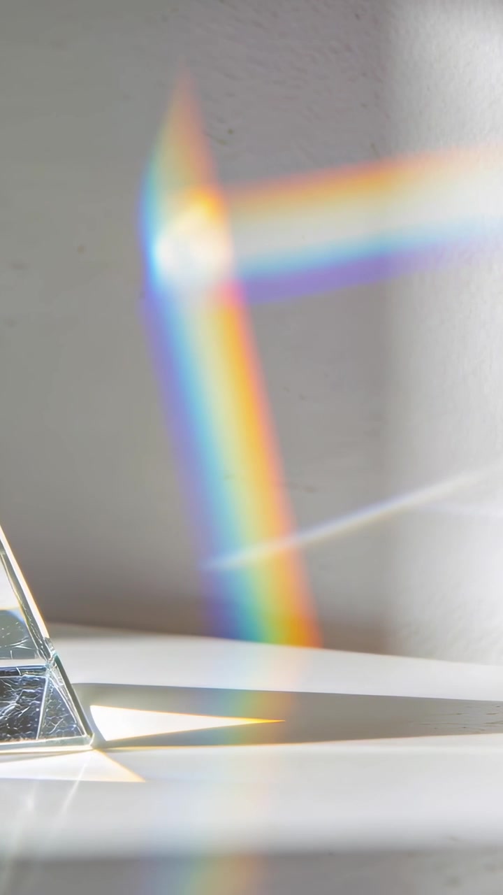 Video verticale: Arcobaleno proiettato, prisma di vetro che si sposta con la luce solare su una parete grigia, spazio per il testo.