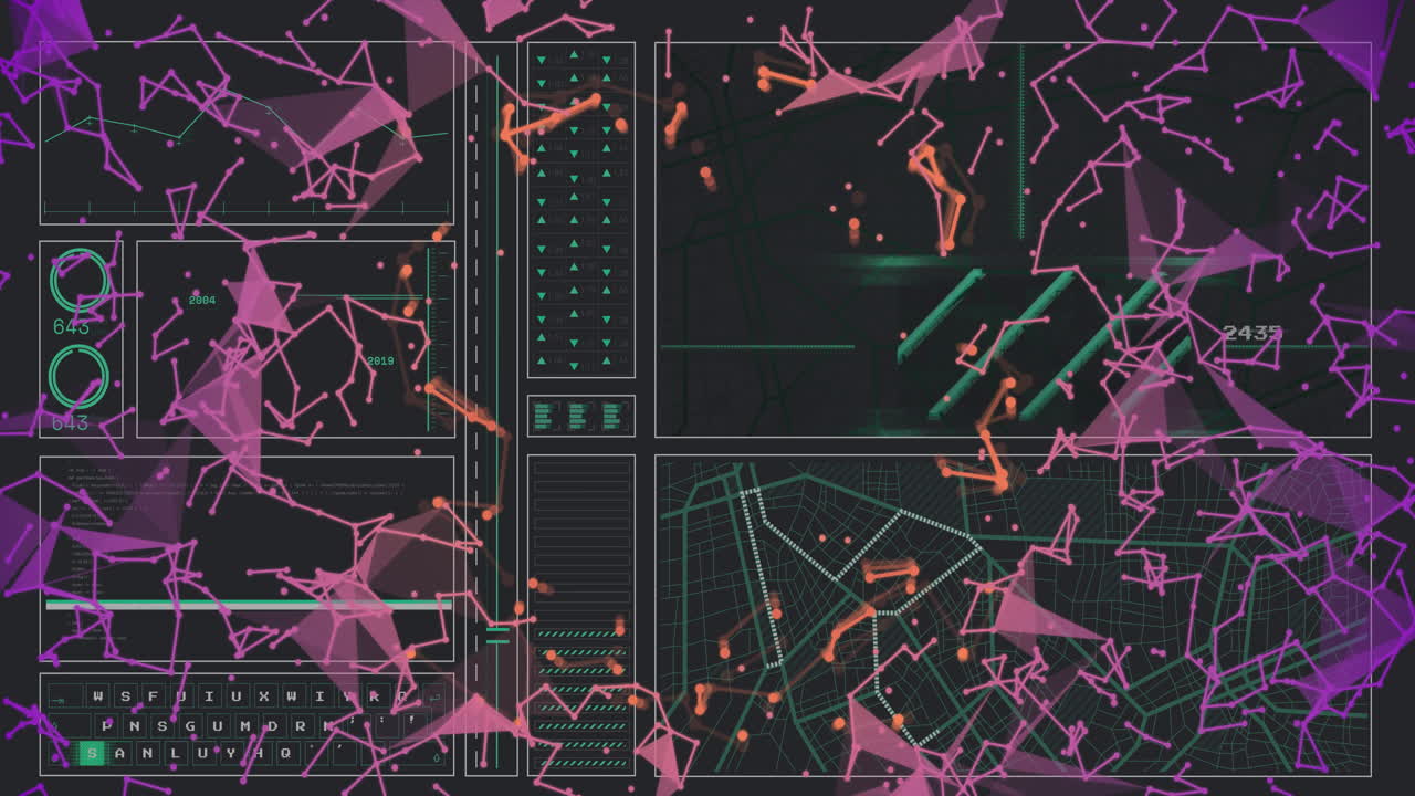 Interface displaying floating network nodes and data readouts, showing code snippets and map routes