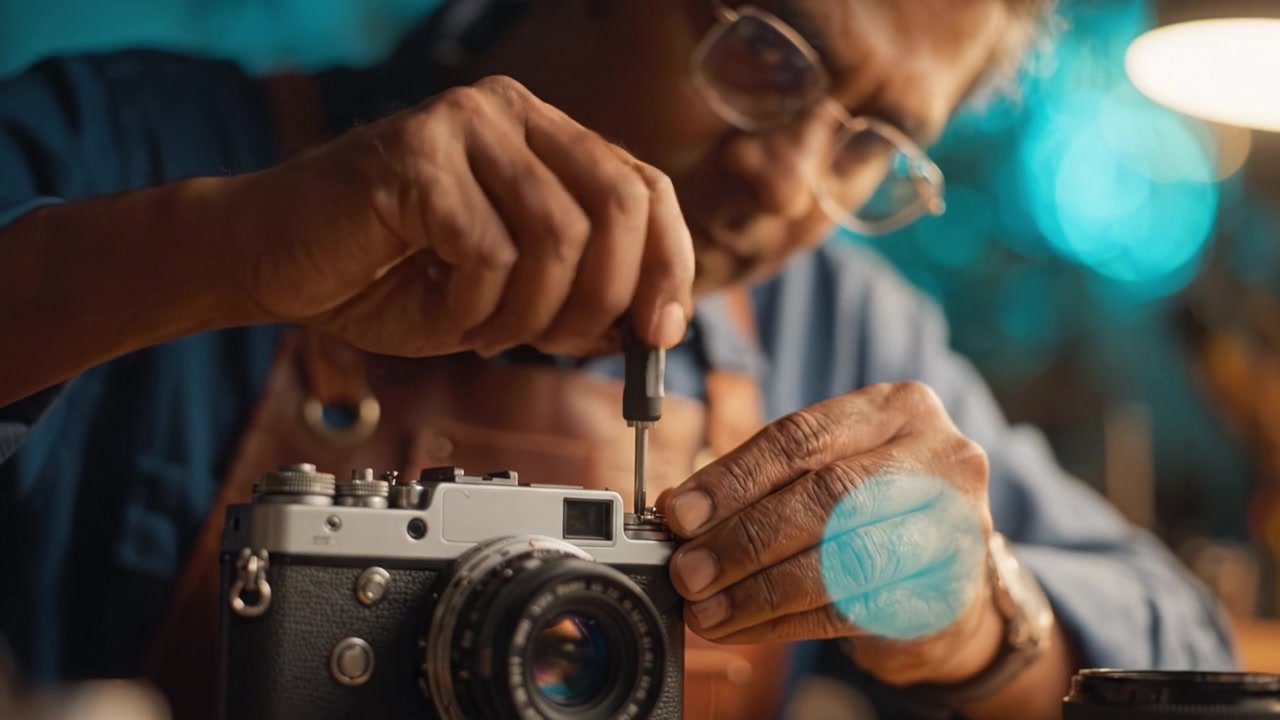 Artigiano esperto che ripara con precisione una macchina fotografica vintage, mostrando la sua competenza e passione per la fotografia in un ambiente di laboratorio caldo e accogliente.