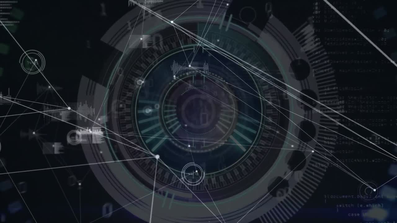 Animation of network of connections with data processing over scope scanning on black background