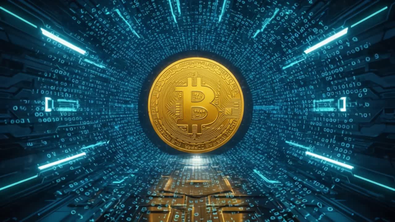 Visual Representation of Cryptocurrency: A Glimpse into the Digital World of Bitcoin Surrounded by Binary Codes and Futuristic Elements