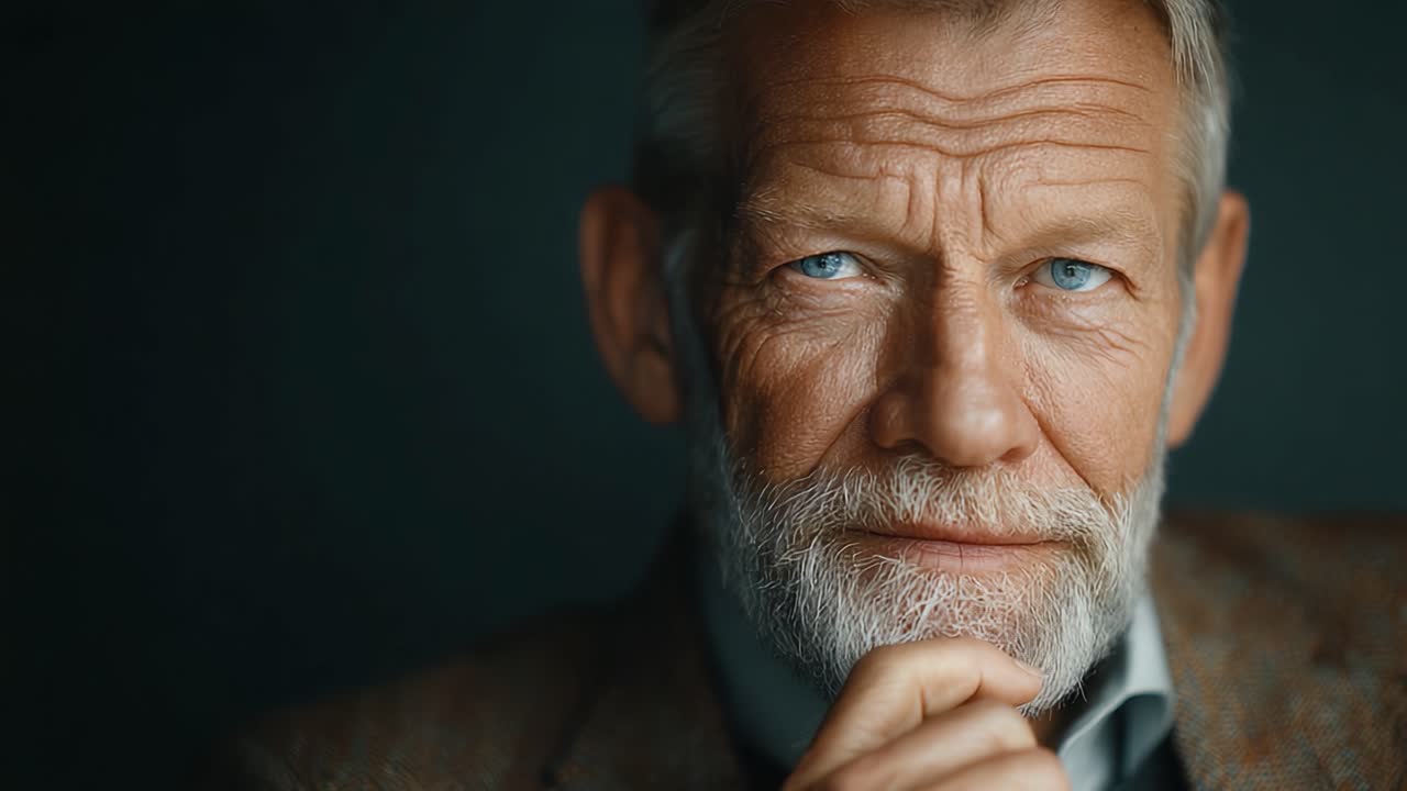 An Intimate Portrait of a Thoughtful Man with Silver Hair and Blue Eyes, Capturing the Depth of Experience and Character in a Timeless Expression