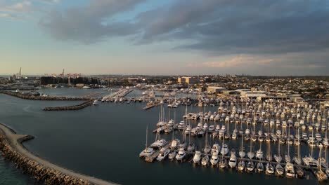 rows of yachts and boats at fremantle sailing club in australia, birdseye view