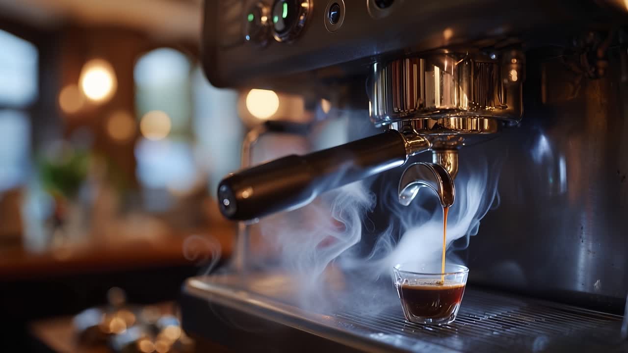 Il vapore sale mentre un liquido scuro viene versato in un bicchierino. La macchina da caffè risplende sotto un'illuminazione calda e soffusa. Un'azione concentrata e precisa suggerisce una preparazione esperta.