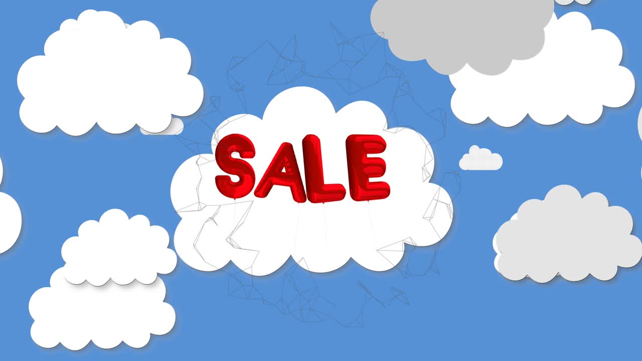 파란색 배경에 구름이 있는 빨간색 판매 풍선 텍스트의 애니메이션