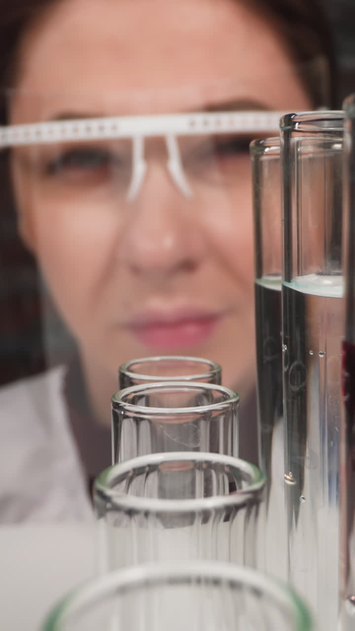 Squinting woman lab assistant with face shield drips red liquid into test tube at workplace slow motion. Probe lens shot of laboratory closeup