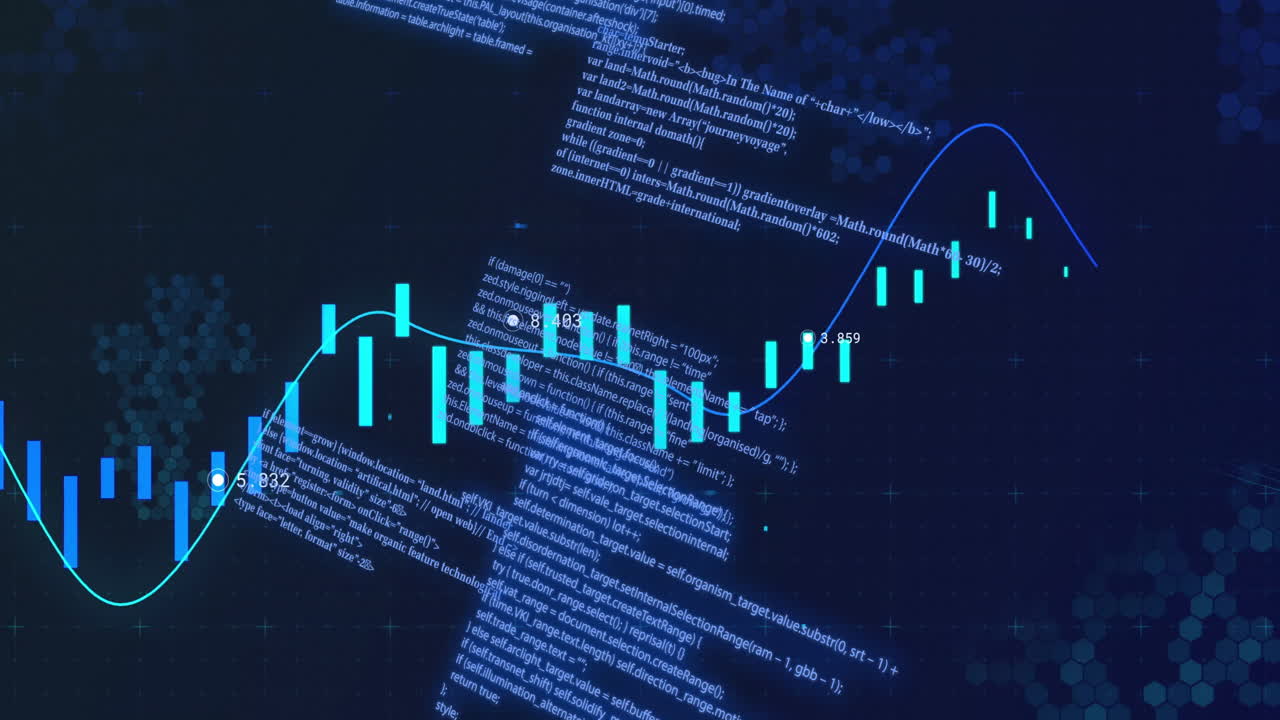 Financial data charts and coding animation over dark background