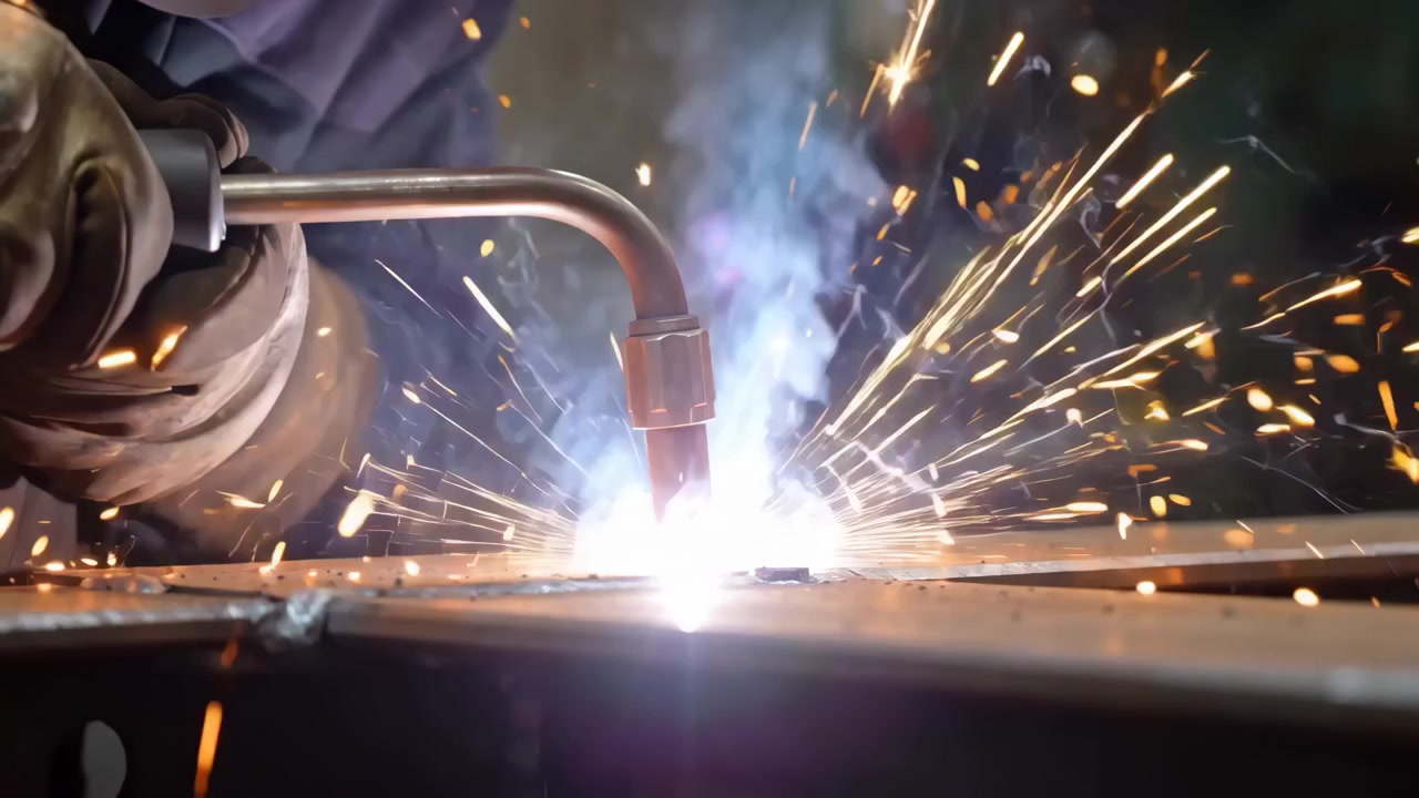 Close-up industrial action showing worker cutting steel beam with torch inside dim workshop, with bright arc light, flying sparks, smoke, glowing heat, and precise metal fabrication motion