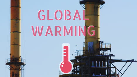 global warming text and thermometer icon against factory chimneys