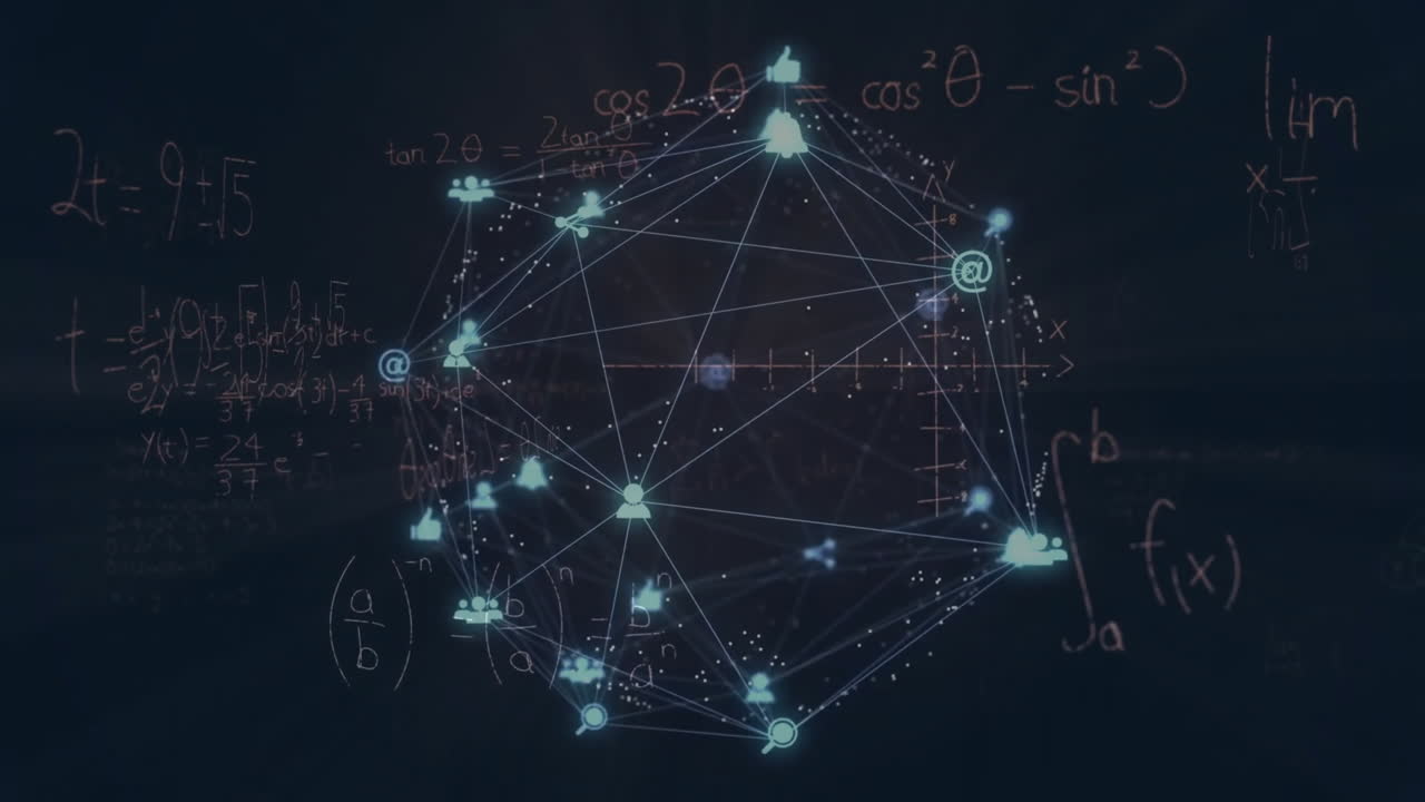Animation of network of connections and data processing over dark background