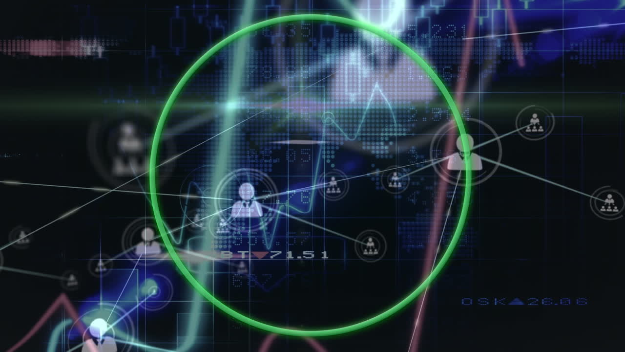 animación del procesamiento de datos con círculo verde sobre la red de conexiones