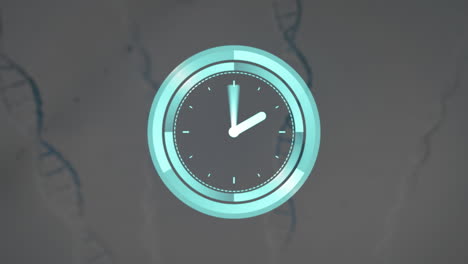animación de reloj de neón sobre estructuras de adn contra un fondo gris