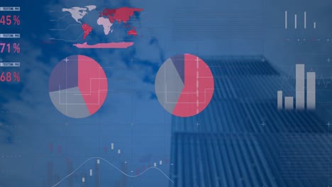 Animación-Del-Procesamiento-De-Datos-Estadísticos-Frente-A-Una-Vista-De-ángulo-Bajo-De-Un-Edificio-Alto.