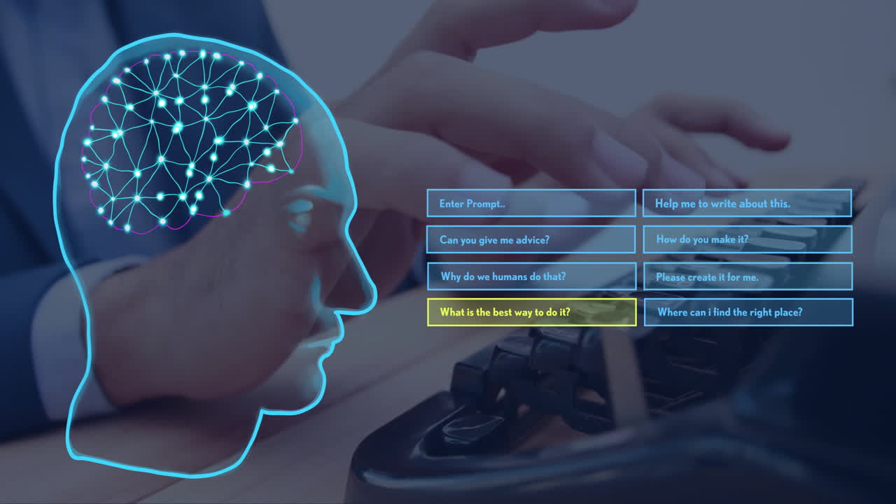 animación del cerebro y procesamiento de datos de ia sobre mujer caucásica usando computadora