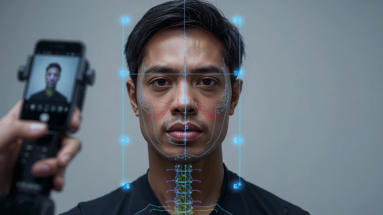 Tech holding phone-gimbal left scanning Asian male wearing dark shirt in studio, biometric scan