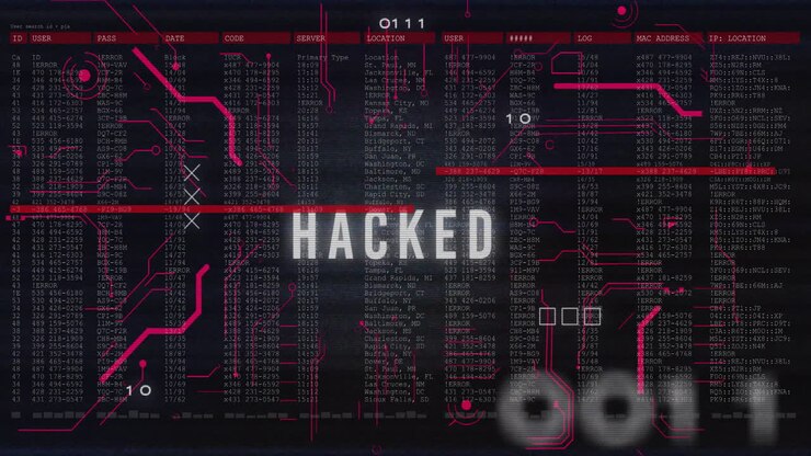Animation of hacked text and digital data processing over black background