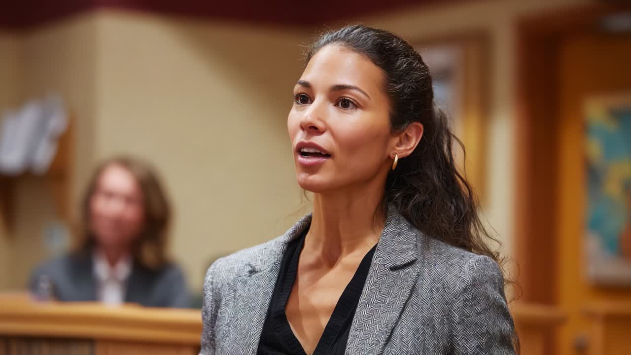 A woman stands confidently in a courtroom setting, articulating her thoughts with poise and clarity while engaging with the audience, signifying an important moment during judicial proceedings