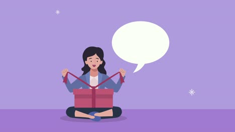 젊은 여성이 연설 거품으로 선물을 풀고 있습니다.