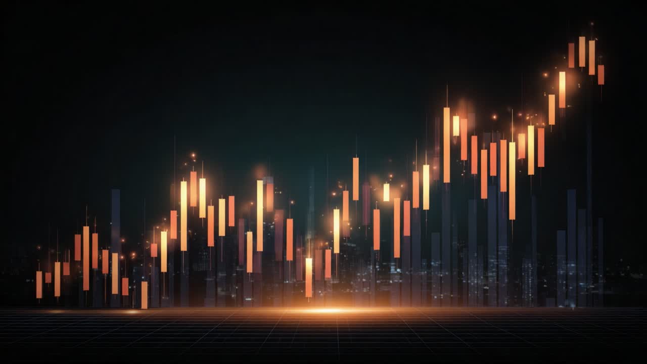 A Dynamic Financial Graph Demonstrating a Significant Upward Trend with Vibrant Candlestick Patterns Illuminated Against a Dark Background