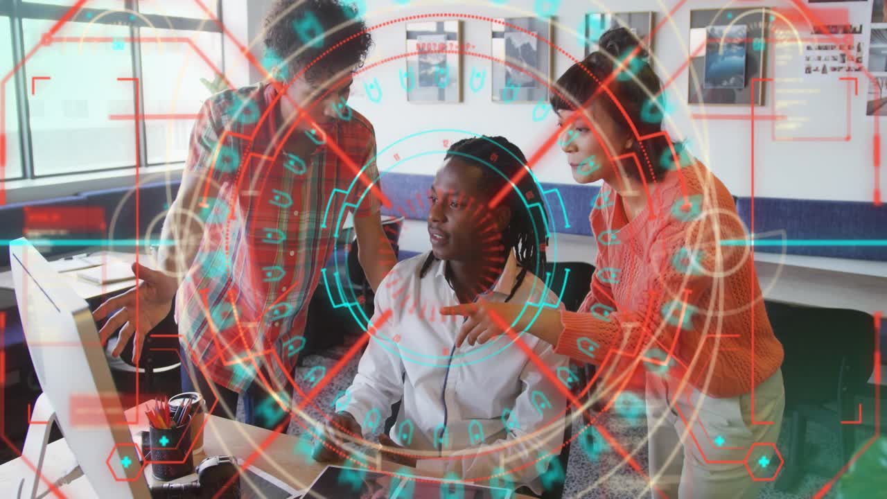 Seated designer using mouse team pointing screen rotating HUD marking designs guiding consensus