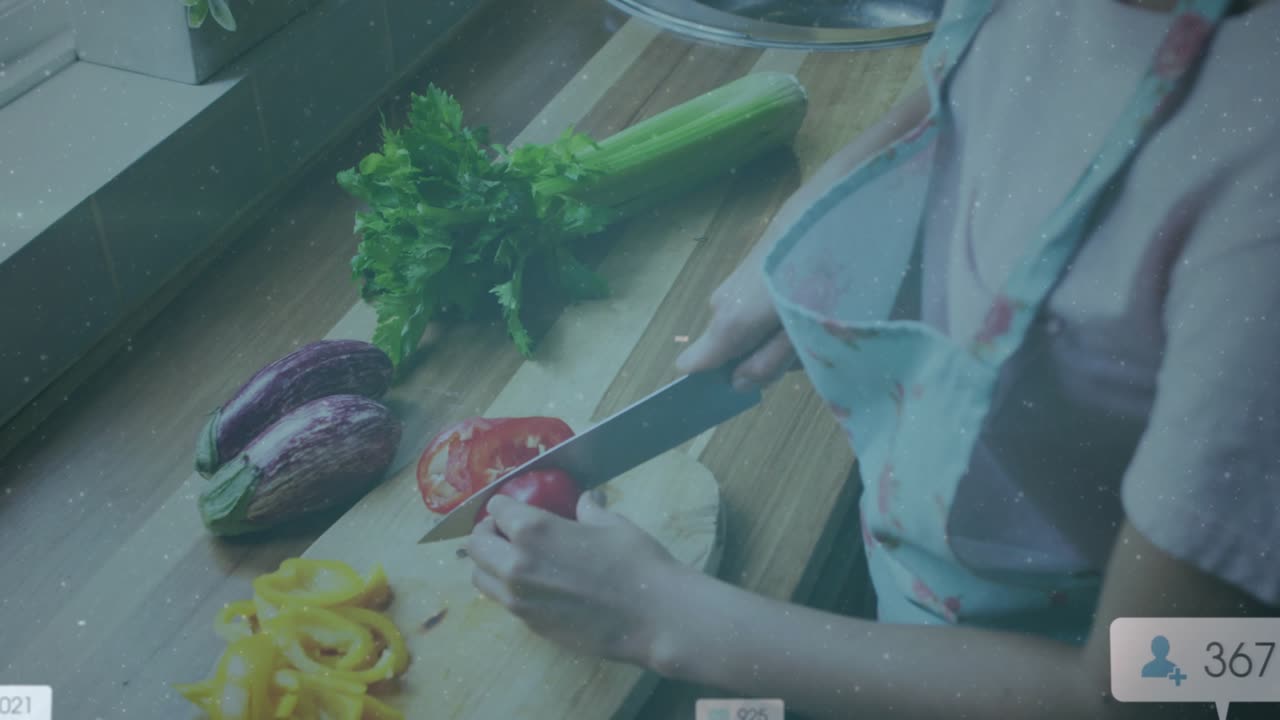 Home cook chopping red bell pepper sparking badges showing social media follower growth in kitchen