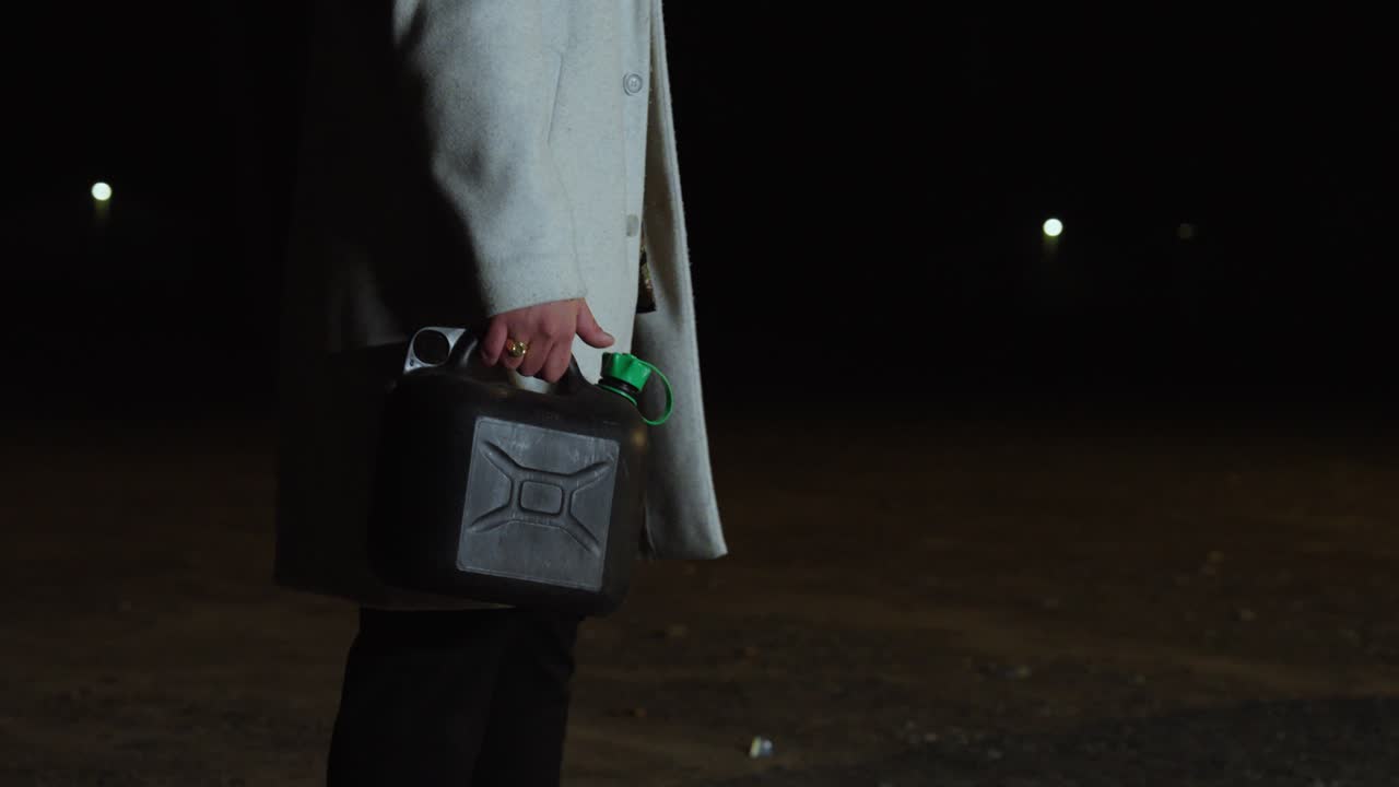 A man carries a fuel can to his car after running out of gas. Concept of car breakdown, emergency, and refueling at night
