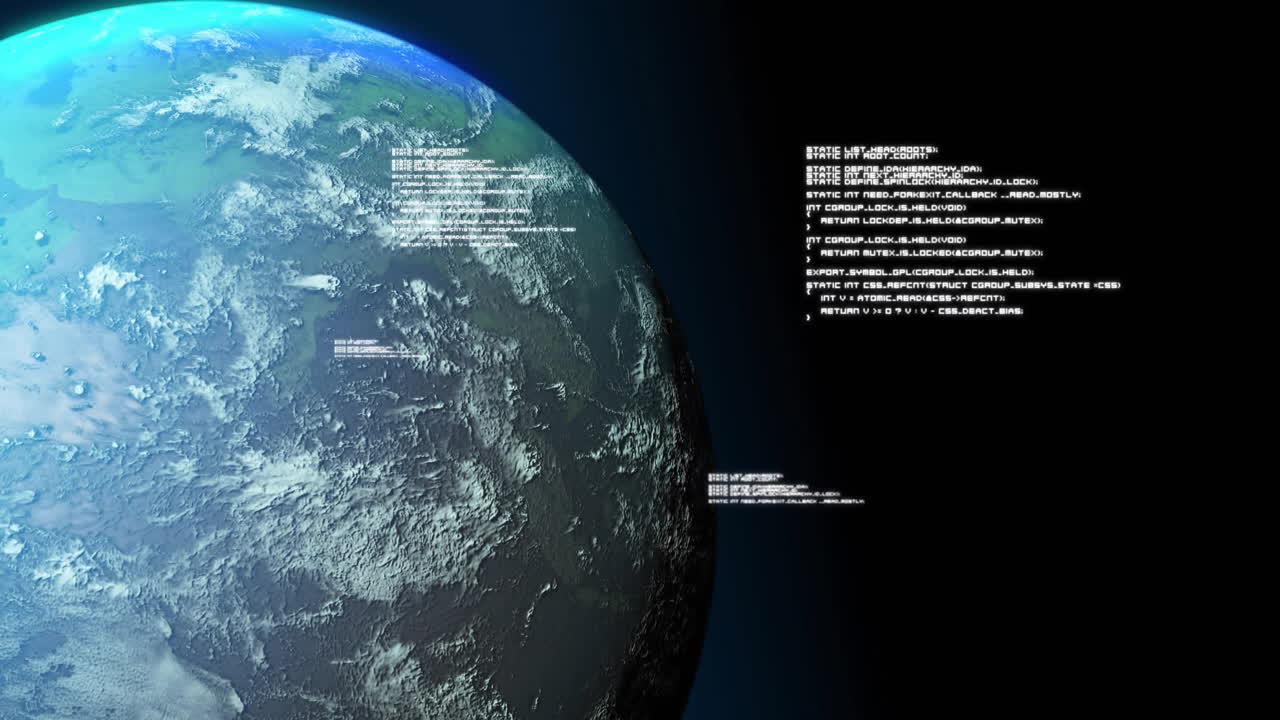 어두운 배경 위의 데이터 처리 애니메이션과 함께 지구의 표면