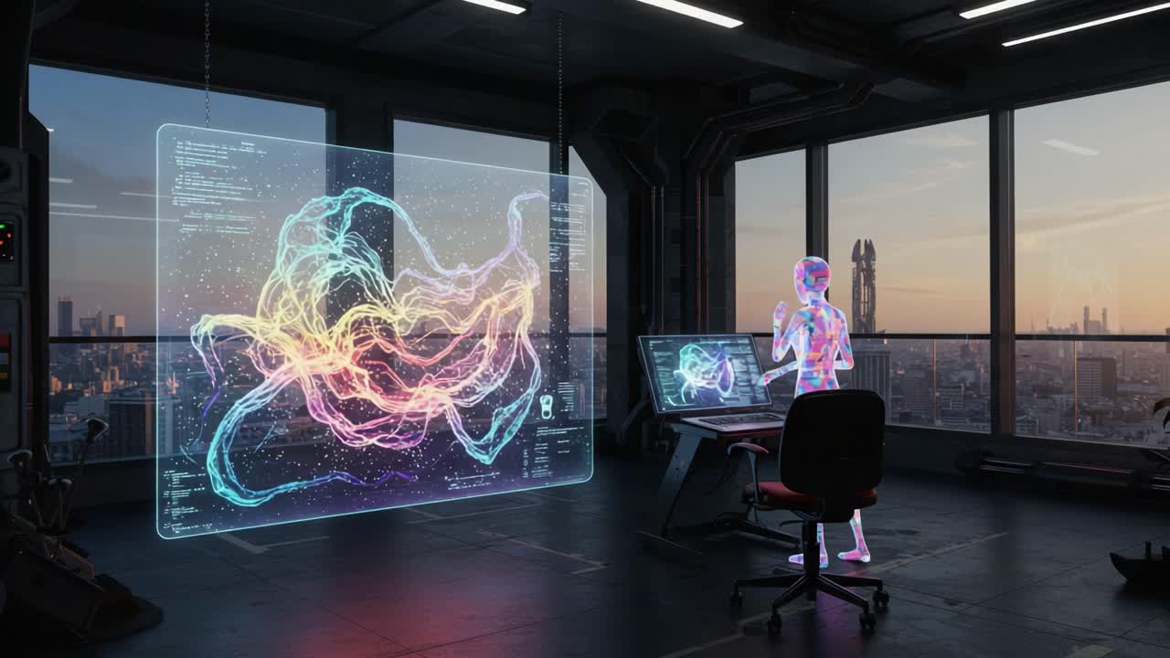 Futuristic Digital Environment Showcasing a Holographic Interface with a Human Figure Interacting with Data Visualization Against a Cityscape Background
