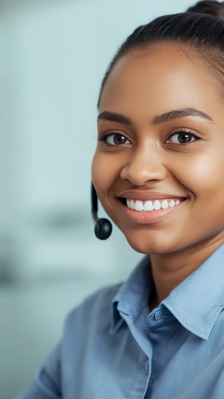 Video verticale: addetto al call center che sorride, si gira alla scrivania con cuffie e camicia azzurra