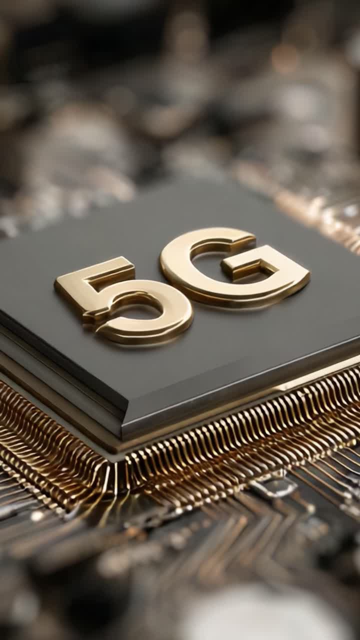 Primo piano di un chip con tecnologia 5G che mostra il suo design complesso e la scritta dorata che indica il progresso delle telecomunicazioni e della connettività