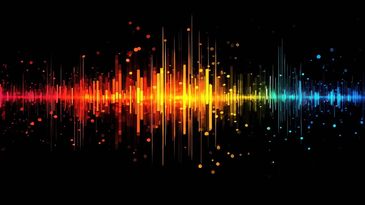 Colorful soundwave pattern on a black background, captured from a front-facing angle