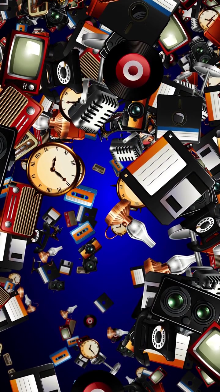 Stylized vintage electronics and analog media fall vertically through a deep blue gradient space