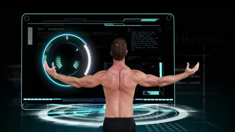 Animation-of-strong-muscular-man-with-scope-scanning-and-data-processing