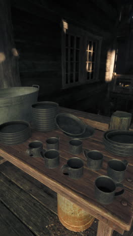 a rustic setting with metal plates and cups