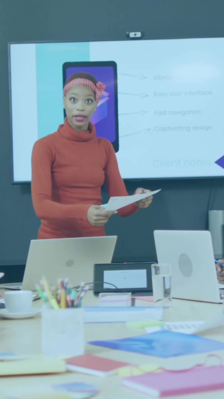 Animation of data processing over diverse business people in office