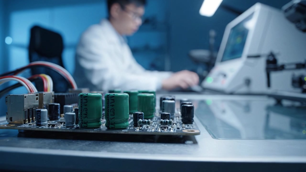 Technician Analyzing Circuit Board in Laboratory: Close-up Focus on Electronic Components, with Technician Working on Computer in Background